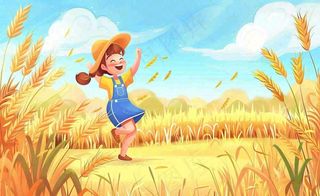 秋天丰收季麦田农田麦穗儿童嬉戏游玩芒种立秋处暑秋分卡通插画背景