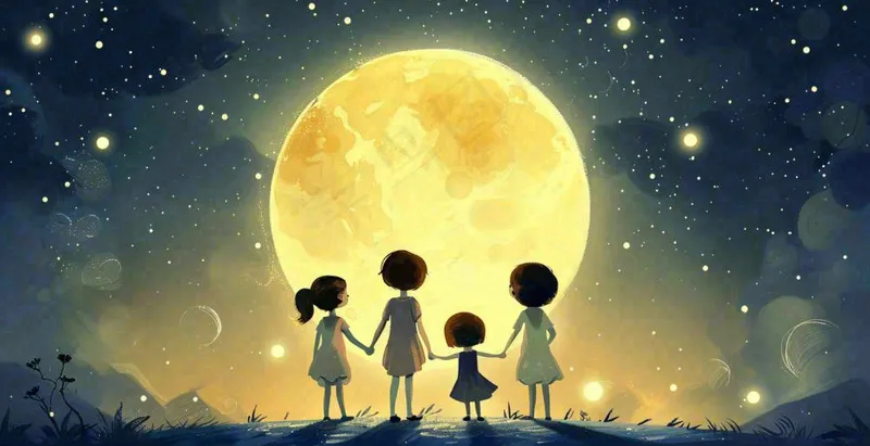 中秋满月小孩手拉手赏月治愈梦幻唯美月亮夜晚水彩插画背景(1456x749)