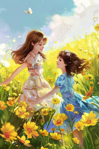 春天花海里玩耍的少女们蝴蝶插画背景