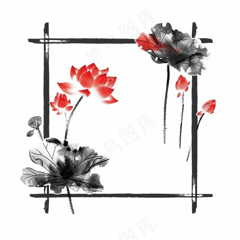 荷花莲花水墨画边框中国风插画免抠(1024x1024)