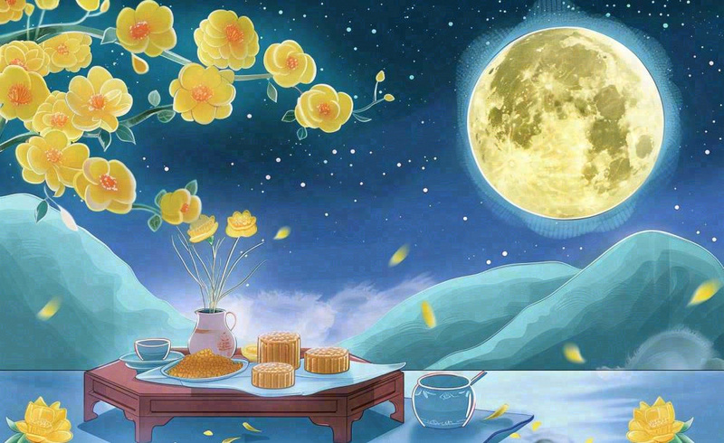 中秋夜晚赏月月饼饮茶黄花菊花桂花国风插画背景(1408x864)