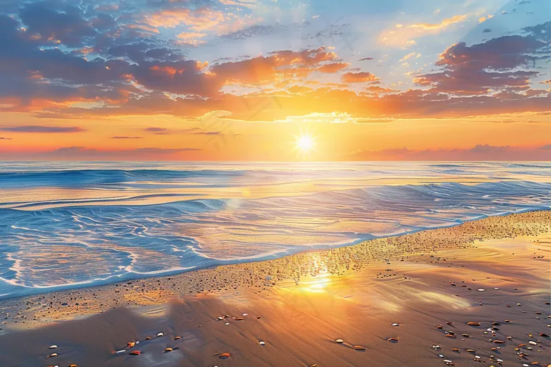 海上日出朝霞云层沙滩海浪摄影图(4032x2688)