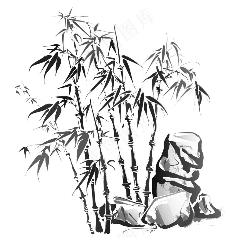 水墨竹子元素山石植物手绘中国风插画免抠(1024x1024)