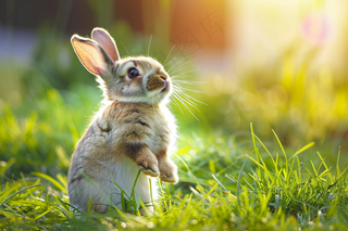春天草地里的兔子阳光摄影图
