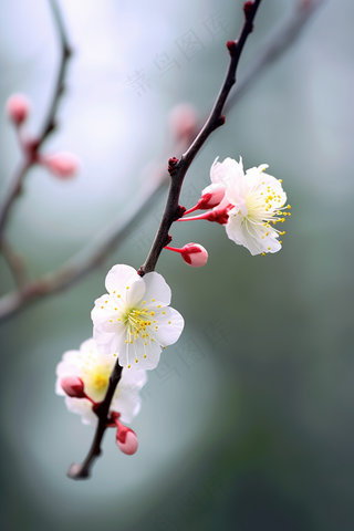 白梅花春天树枝抽新芽蓝天摄影图
