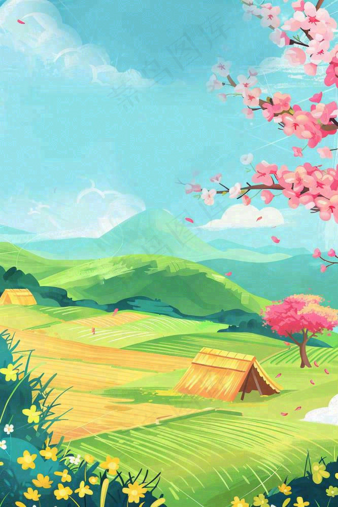 春天春游野餐桃花草丛春分惊蛰插画背景(896x1344)