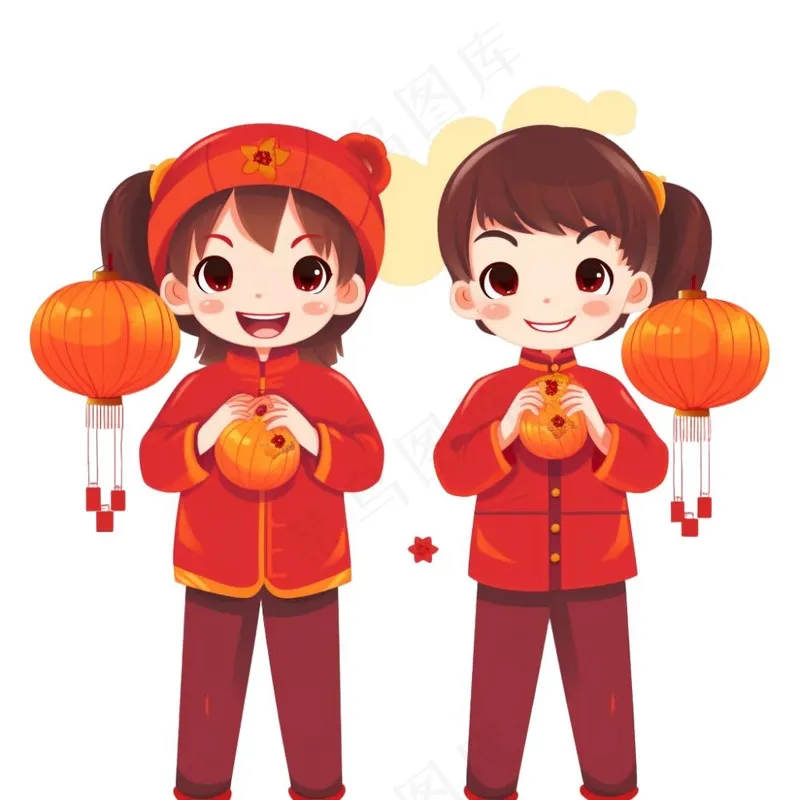 新年儿童拜年张灯结彩国潮春节红色手绘卡通插画免抠(1024x1024)