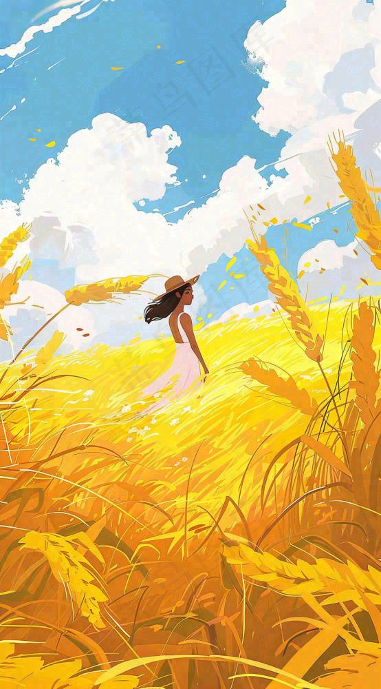 秋天金色麦田女孩蓝天秋收立秋秋分处暑芒种插画背景(816x1472)