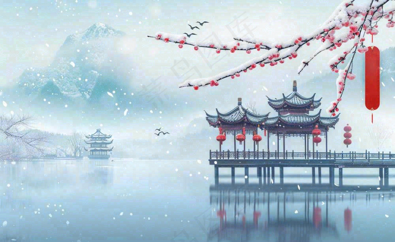 冬天雪景江南风景梅花枝头凉亭红灯笼寒露小雪冬至立冬卡通插画背景(1408x864)