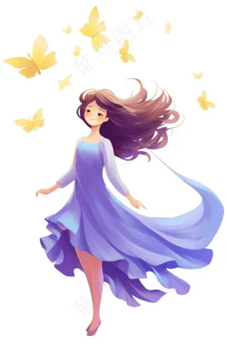 女孩少女拿着黄叶起舞美丽的裙摆卡通插画免抠