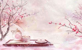 古风冬天冬至新年春节梅花饺子包子酒壶美食植物雪景立冬小雪山水风景插画