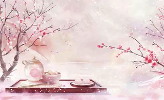 古风冬天冬至新年春节梅花饺子包子酒壶美食植物雪景立冬小雪山水风景插画