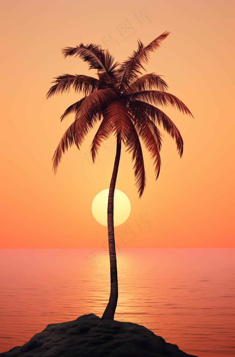 夏日沙滩椰树海边落日余晖晚霞摄影图