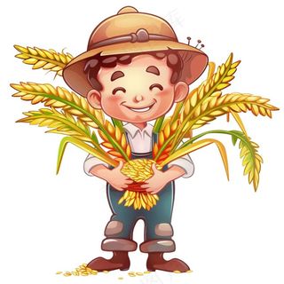 农民抱着稻穗麦穗粮食劳动卡通插画免抠