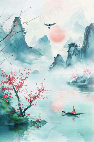 水墨江南山水画桃花青山春分清明惊蛰节气背景