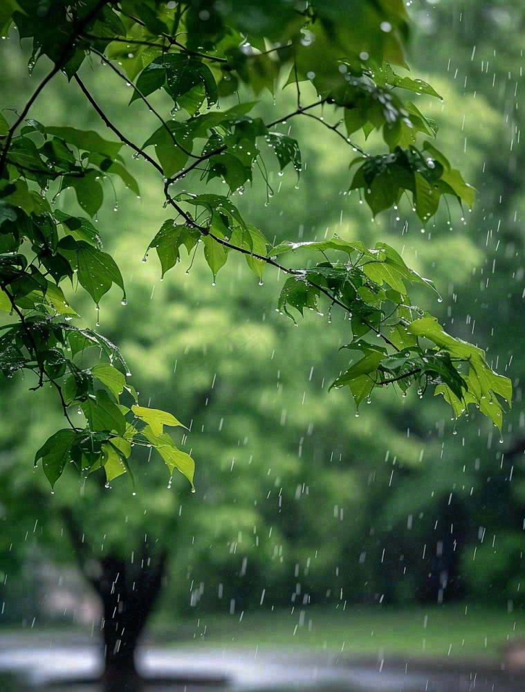 下雨天的公园大树下雨滴雨水谷雨梅雨季摄影图(960x1264)