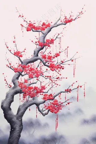 花鸟树枝花草国画水墨画素材背景