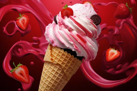 美味冰淇淋蛋筒粉色梦幻背景草莓摄影图