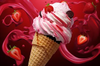 美味冰淇淋蛋筒粉色梦幻背景草莓摄影图