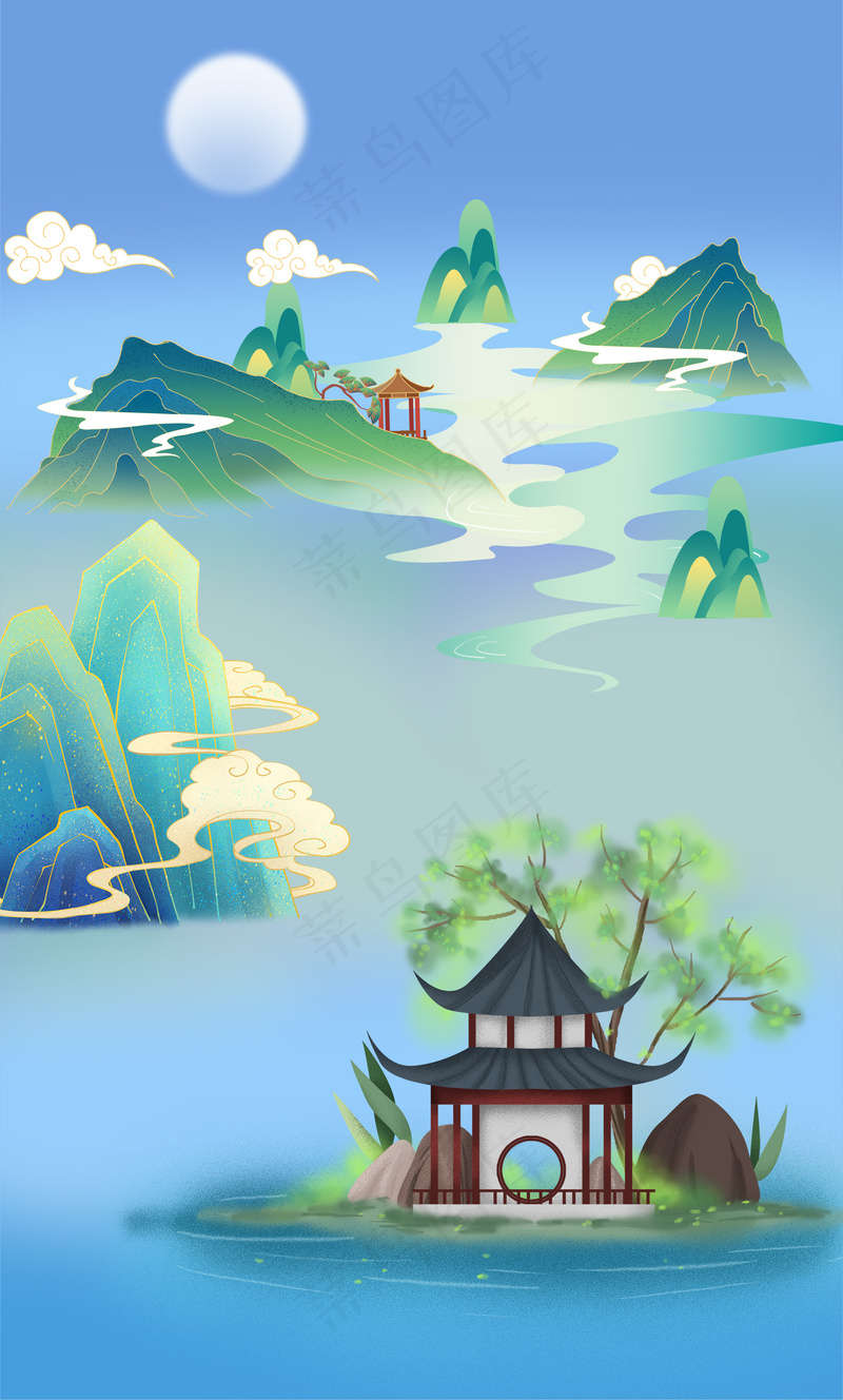 中国风山水夜色凉亭背景图模板psd模版下载