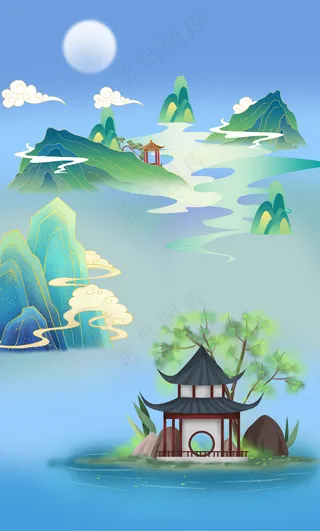 中国风山水夜色凉亭背景图模板