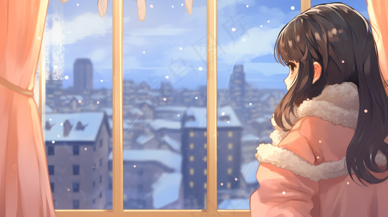 冬天窗边看雪的少女漫画插画背景(4368x2448)