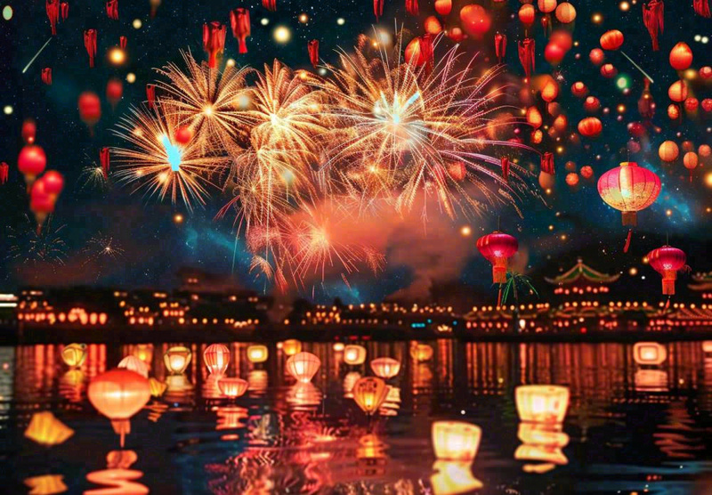 节日庆祝江上烟花活动灯笼背景
