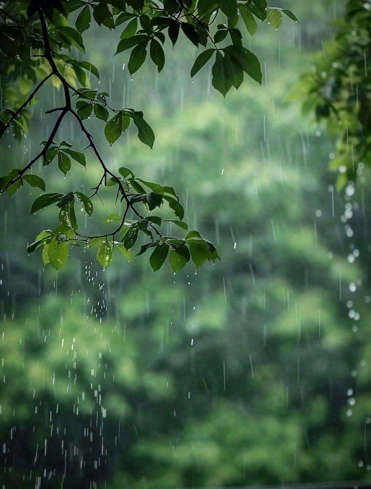 下雨天的公园大树下雨滴雨水谷雨梅雨季摄影图(960x1264)