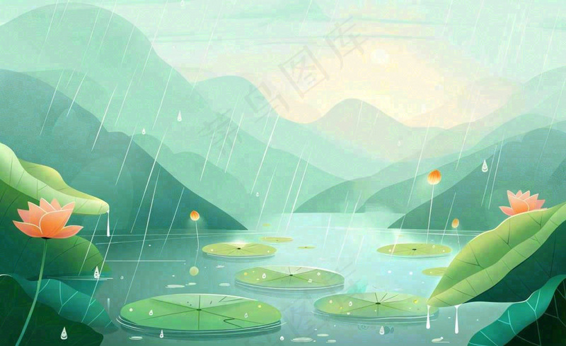 夏日荷花盛开暴雨天气山水花处暑小暑卡通插画背景(1408x864)
