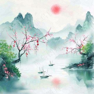 水墨江南山水画桃花青山春分清明惊蛰节气背景