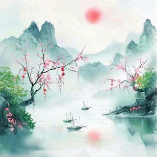 水墨江南山水画桃花青山春分清明惊蛰节气背景