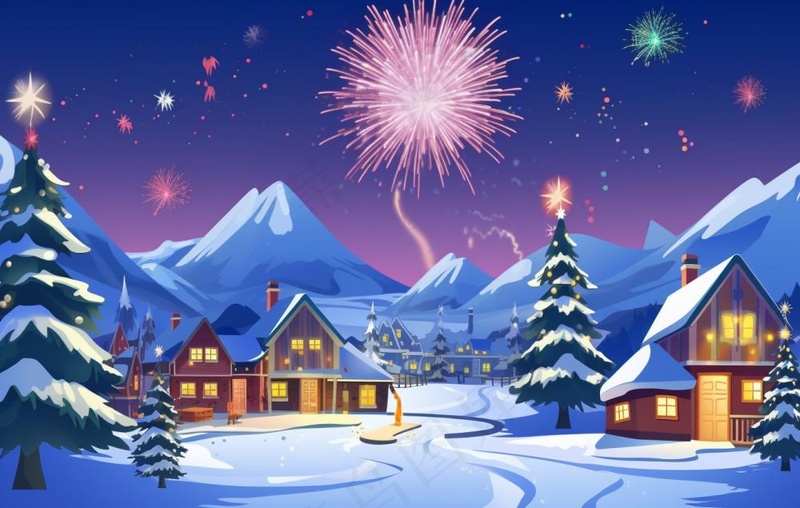 冬季雪天圣诞小镇烟花夜晚节日氛围卡通插画背景(1360x864)