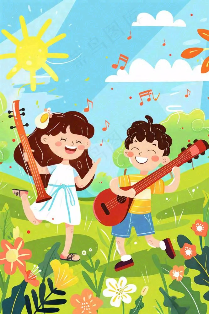 夏日音乐会乐器弹唱儿童草坪欢乐儿童节夏至卡通插画背景(896x1344)