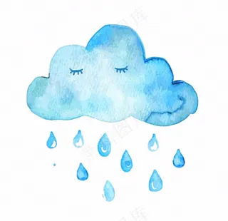 乌云下雨天气水彩卡通插画免抠