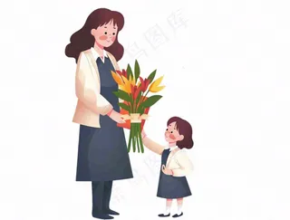 女孩给妈妈送花教师节母亲节卡通插画免抠