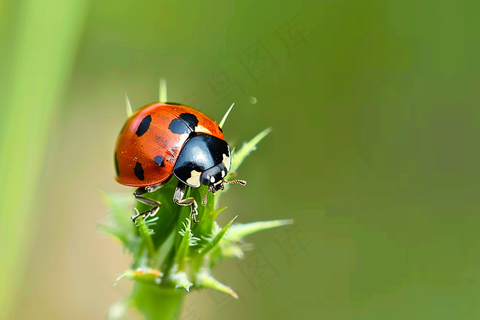 瓢虫春天绿叶上的七星瓢虫昆虫摄影图