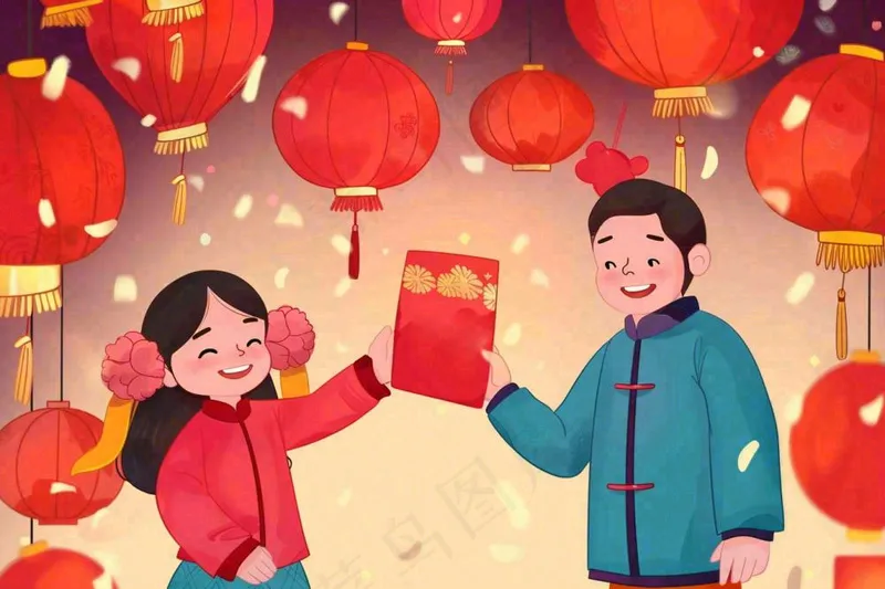 新年春节一家人出游红灯笼红包除夕元宵红色卡通插画背景(1344x896)