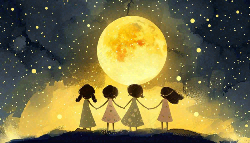 中秋满月小孩手拉手赏月治愈梦幻唯美月亮夜晚水彩插画背景