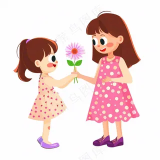 母亲节送花孩子给妈妈送花亲情卡通插画免抠
