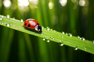 春天小草上的七星瓢虫露珠雨水立春摄影图