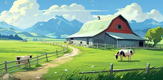 卡通农场畜牧农庄广袤无垠蓝天白云插画背景