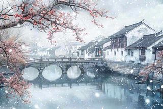 中国水墨画江南水乡梅花古风冬天大雪纷飞小雪大雪冬至插画背景