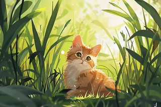 春日草丛里的猫橘猫可爱卡通插画背景