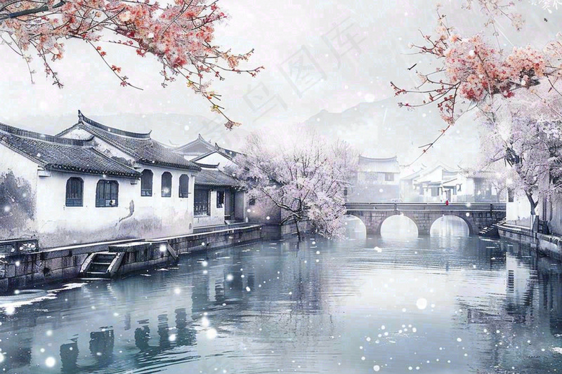 中国江南水乡小镇拱桥梅花小雪安徽冬天寒冷立冬冬至水墨画插画(1344x896)