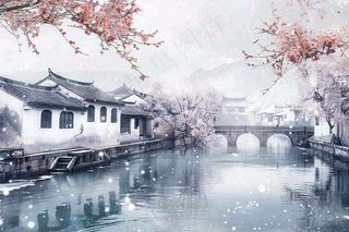 中国江南水乡小镇拱桥梅花小雪安徽冬天寒冷立冬冬至水墨画插画