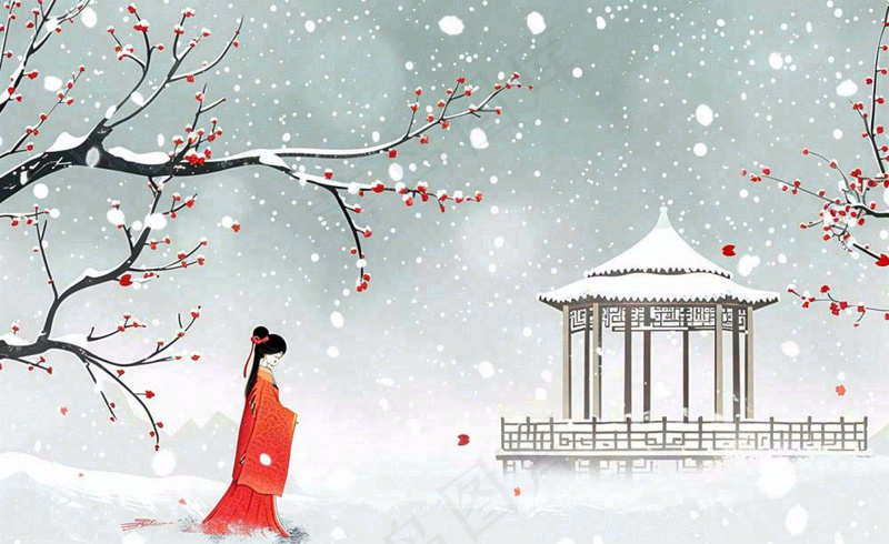 古风冬天雪景红衣女孩梅花雪地里的凉亭大雪小雪冬至中国风插画背景(1408x864)