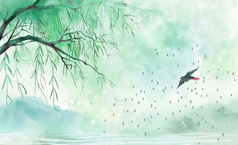 春天梅雨季柳树燕子清冷雨水谷雨惊蛰清明节水墨水彩插画背景(1408x864)