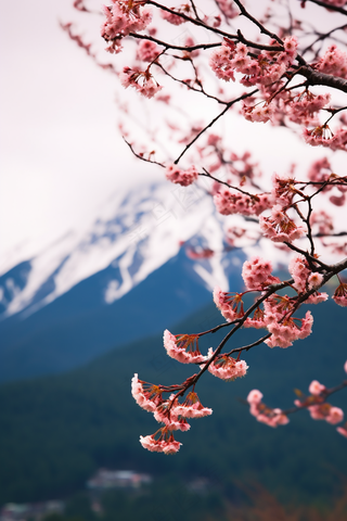 春天雪山下的樱花树美景摄影图