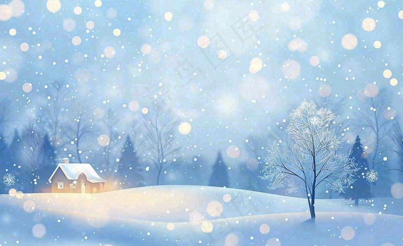冬天雪景森林小屋夜晚灯光温暖白雪皑皑小雪大雪冬至立冬卡通插画背景