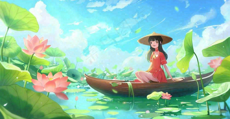 夏日荷叶荷塘女孩坐着船上大暑小暑夏天风景立夏卡通插画背景(1408x728)